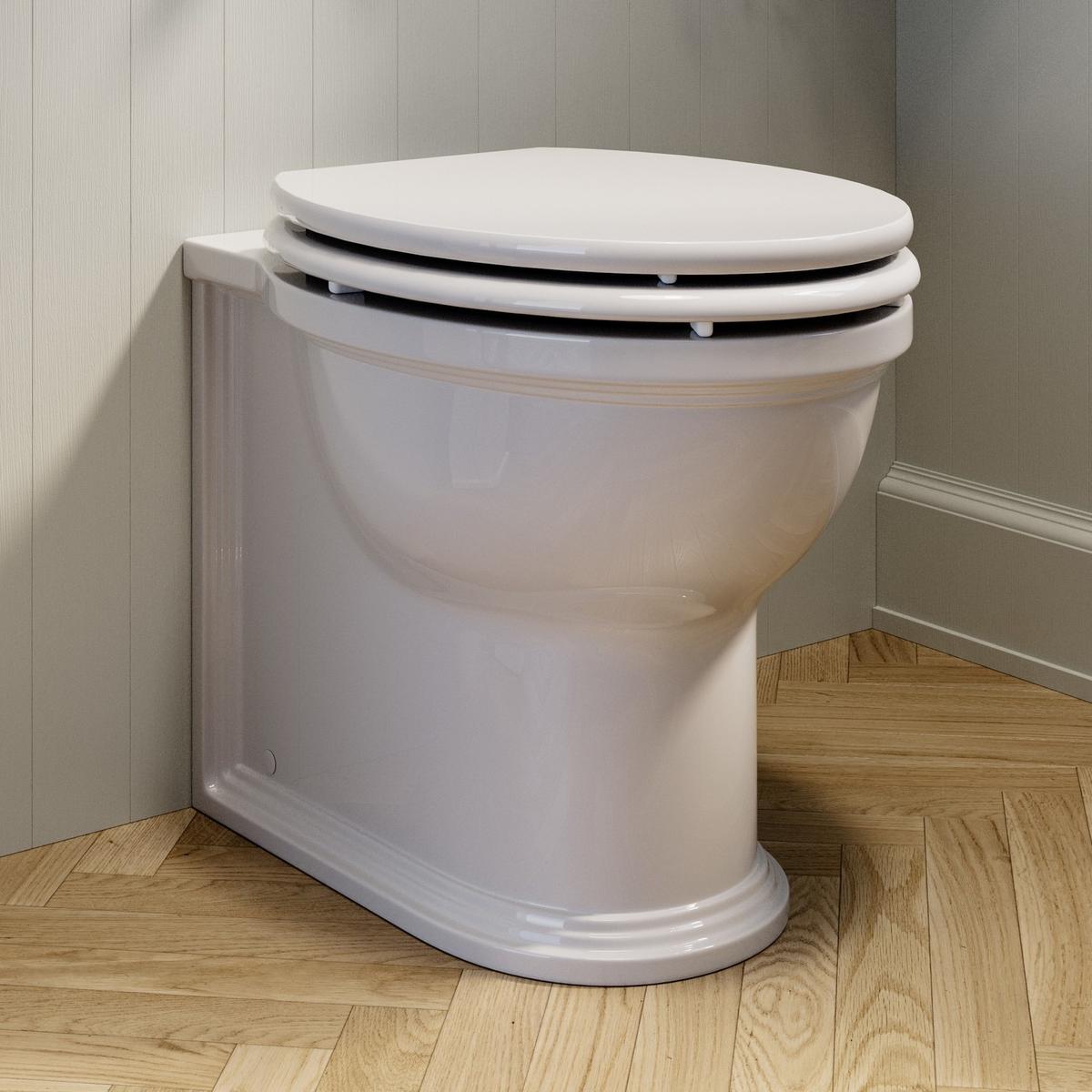 Back to Wall Rimless Toilet and Wooden Soft Close Seat with Chrome Hinges - Ripley