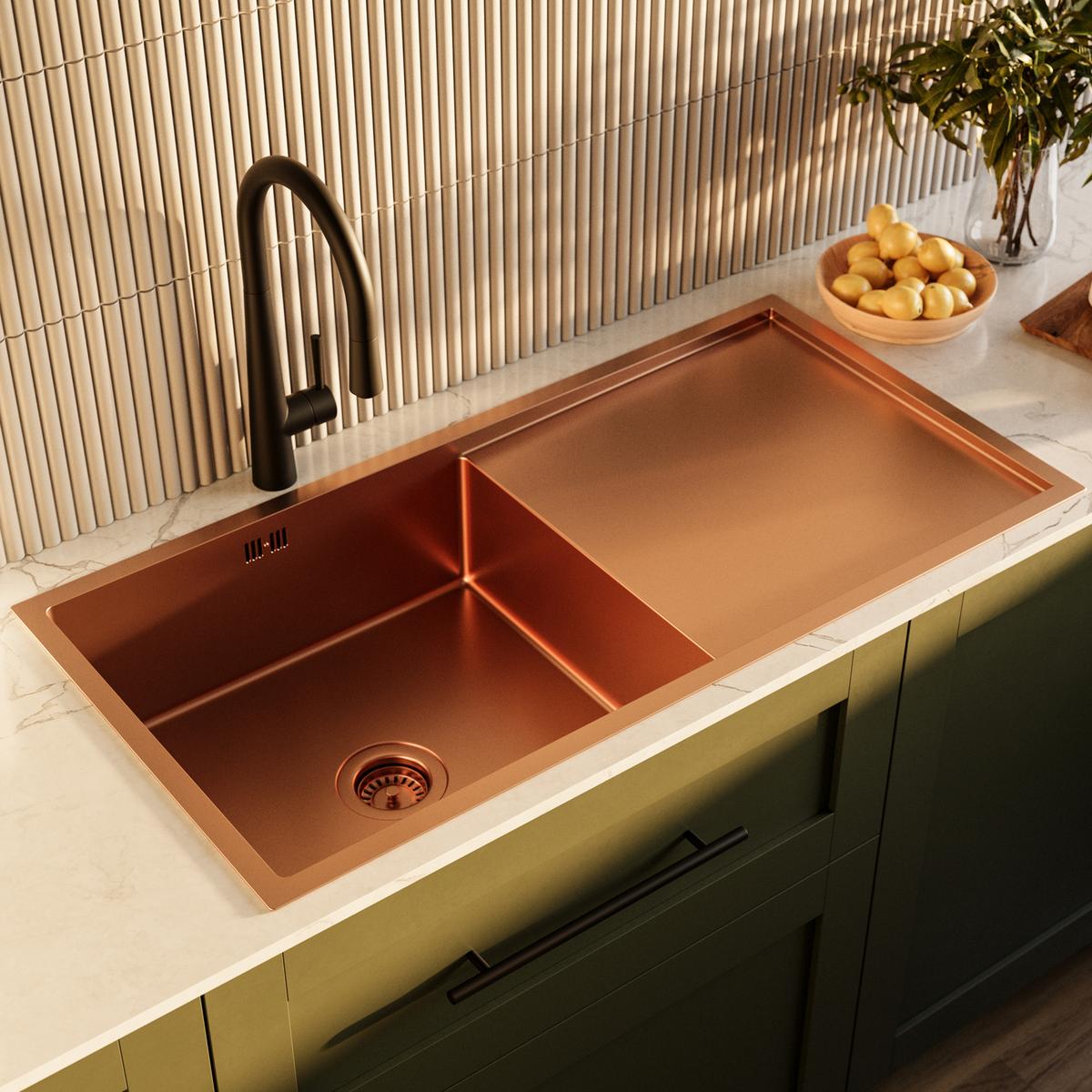 Single Bowl Copper Stainless Steel Inset Kitchen Sink with Black Pull Out Mixer Tap Set - Enza