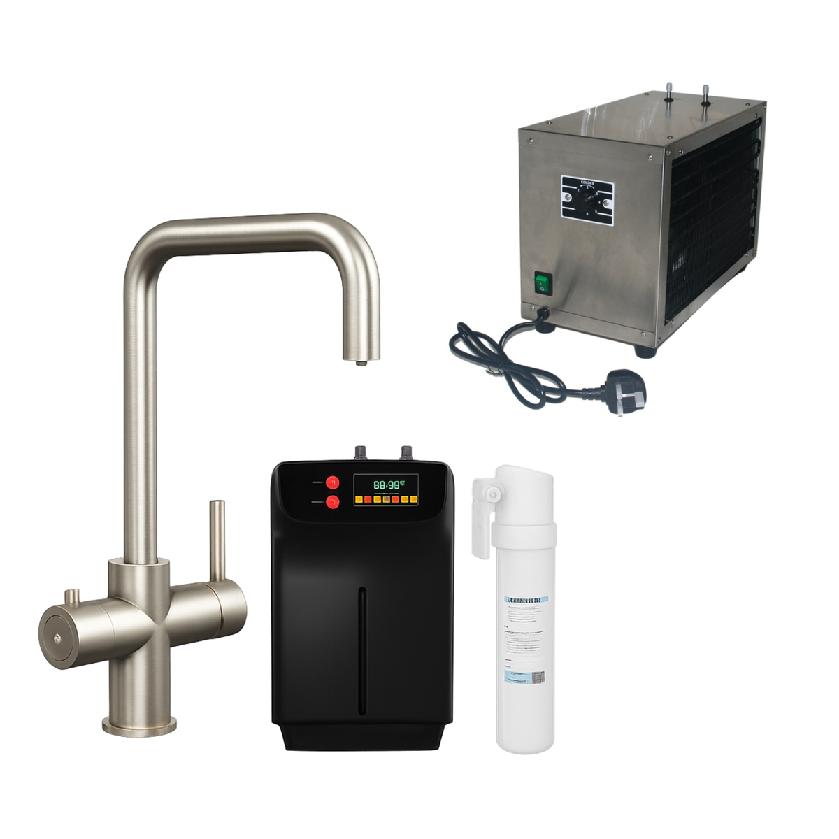 Nickel 4 in 1 Instant Boiling Hot Water Dual lever kitchen Tap with 2L Boiler Filter & 2L Water Chiller Tank - Pronto