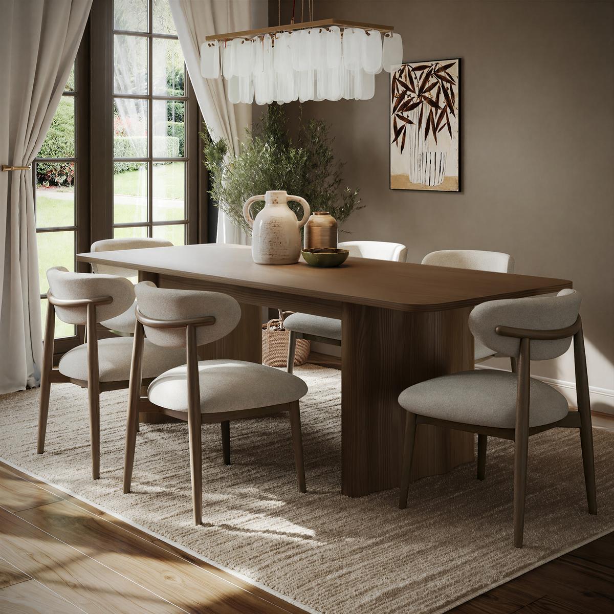 Large Rectangular Walnut Extendable Dining Table Set with 6 Beige Upholstered Chairs - Seats 6 - Wave