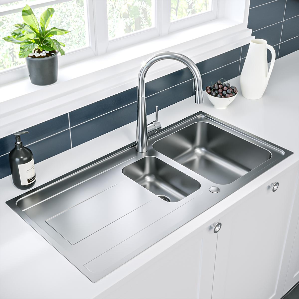 1.5 Bowl Chrome Inset Stainless Steel Kitchen Sink with Reversible Drainer - Enza Isabella