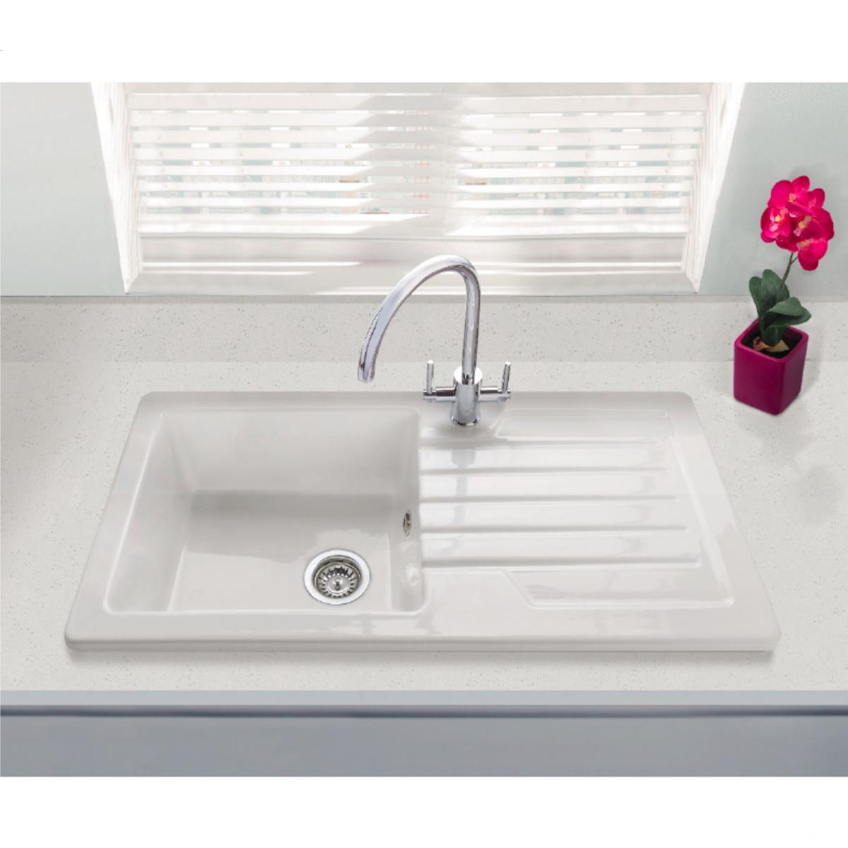 ONLY OPENED - Single Bowl Inset White Ceramic Sink with Reversible Drainer - Alexandra