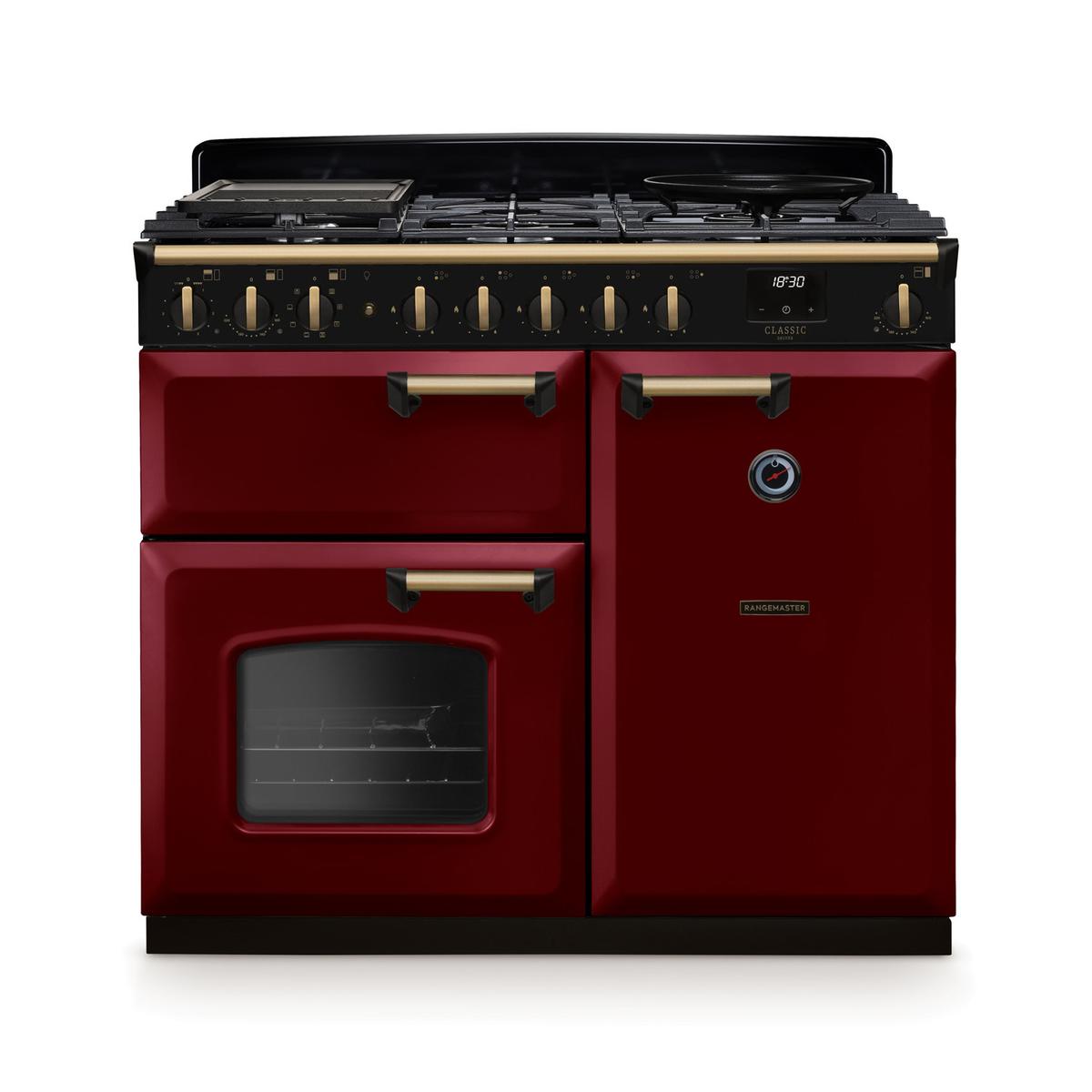 Rangemaster Classic Deluxe 100cm Dual Fuel Range Cooker - Bordeaux & Brass