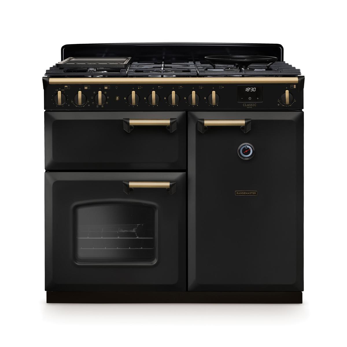 Rangemaster Classic Deluxe 100cm Dual Fuel Range Cooker - Charcoal Black & Brass