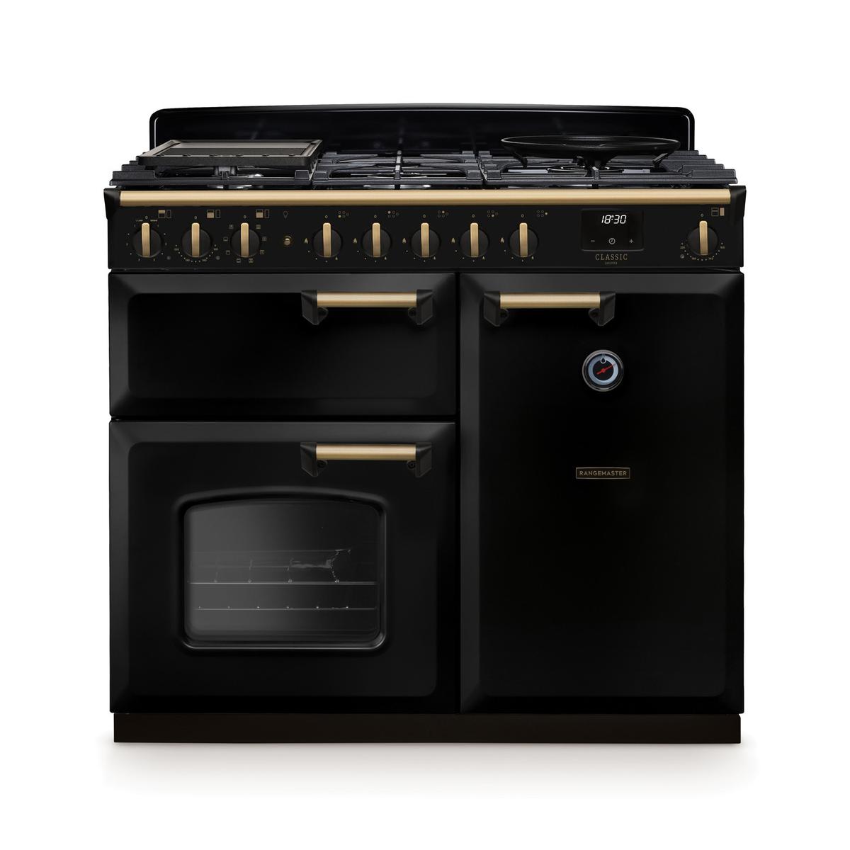 Rangemaster Classic Deluxe 100cm Dual Fuel Range Cooker - Gloss Black & Brass