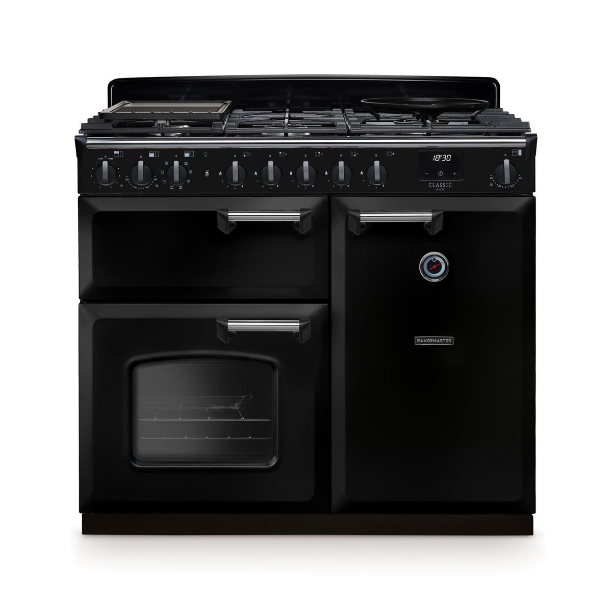 Rangemaster Classic Deluxe 100cm Dual Fuel Range Cooker - Gloss Black & Chrome