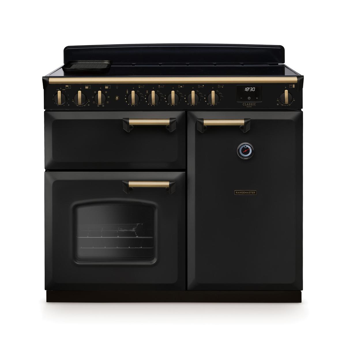 Rangemaster Classic Deluxe 100cm Induction Range Cooker - Charcoal Black & Brass