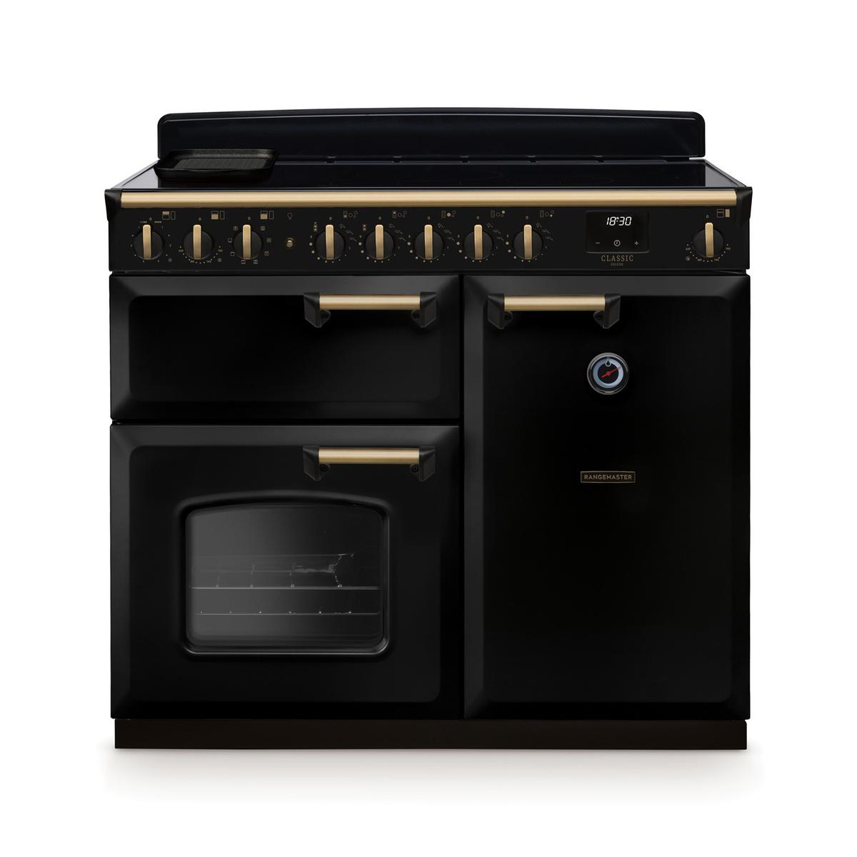Rangemaster Classic Deluxe 100cm Induction Range Cooker - Gloss Black & Brass