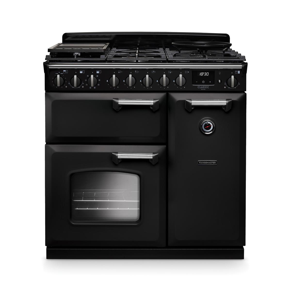 Rangemaster Classic Deluxe 90cm Dual Fuel Range Cooker - Charcoal Black & Chrome