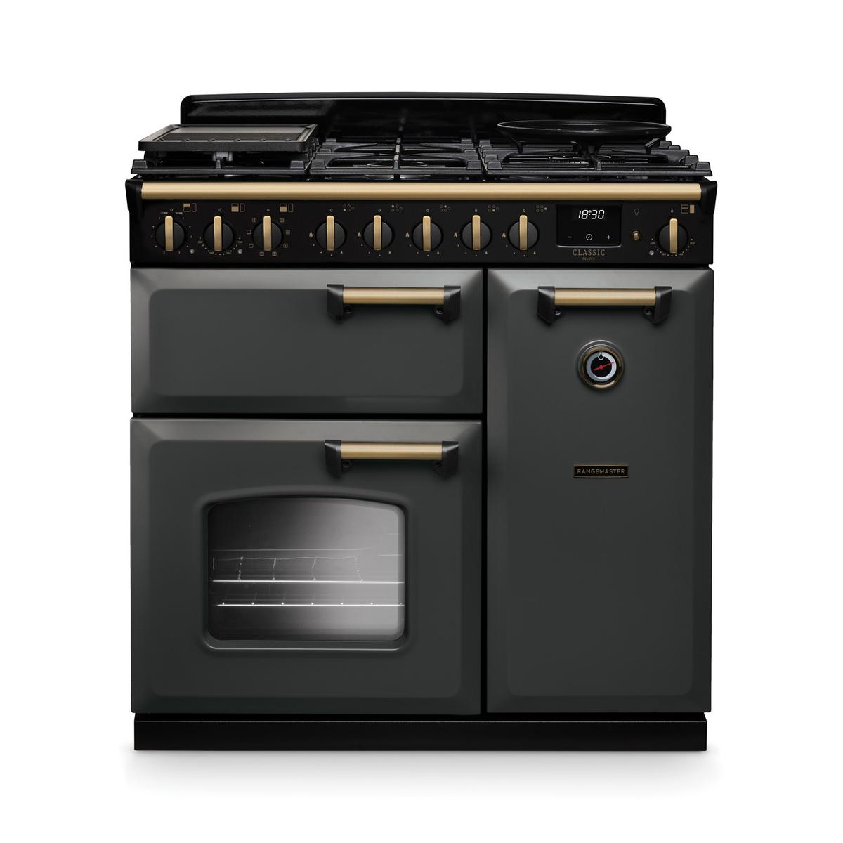 Rangemaster Classic Deluxe 90cm Dual Fuel Range Cooker - Slate & Brass