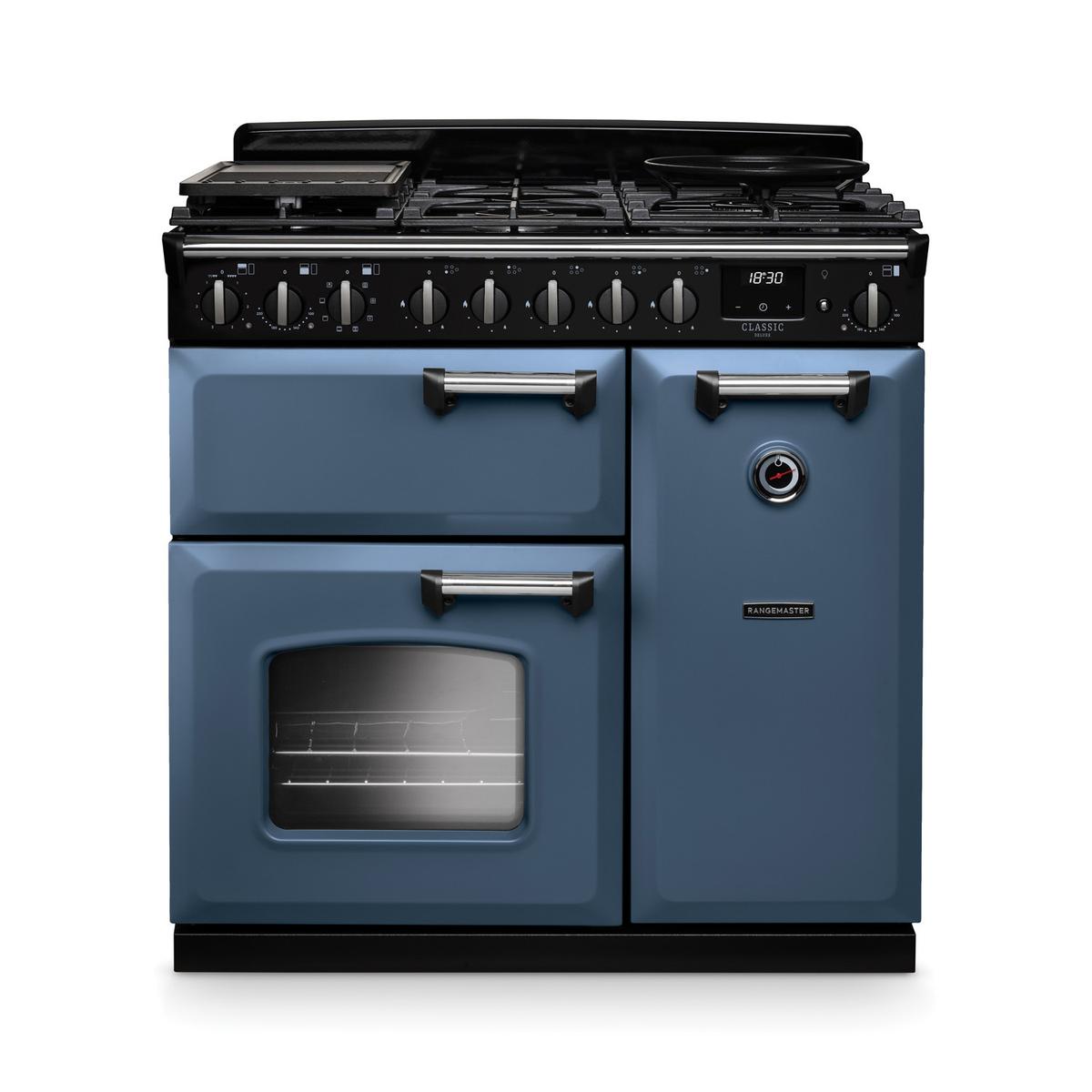 Rangemaster Classic Deluxe 90cm Dual Fuel Range Cooker - Stone Blue & Chrome