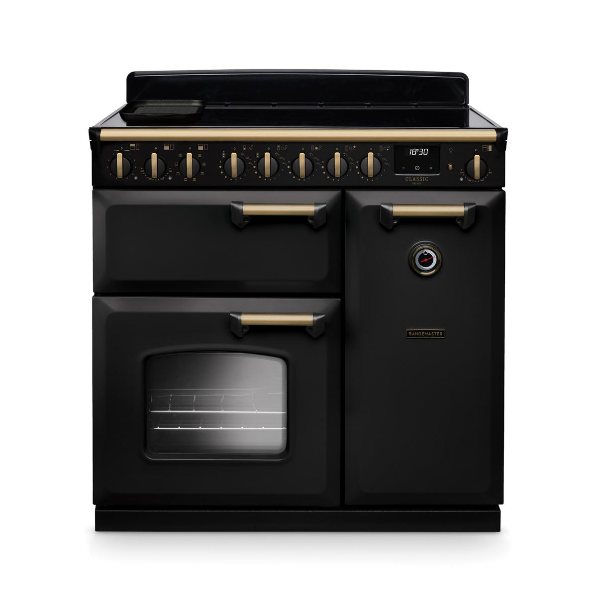 Rangemaster Classic Deluxe 90cm Dual Fuel Range Cooker - Charcoal Black & Brass
