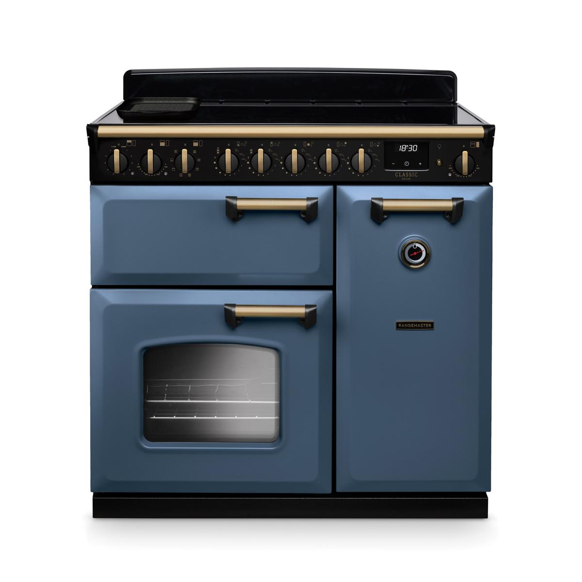 Rangemaster Classic Deluxe 90cm Dual Fuel Range Cooker - Stone Blue & Brass