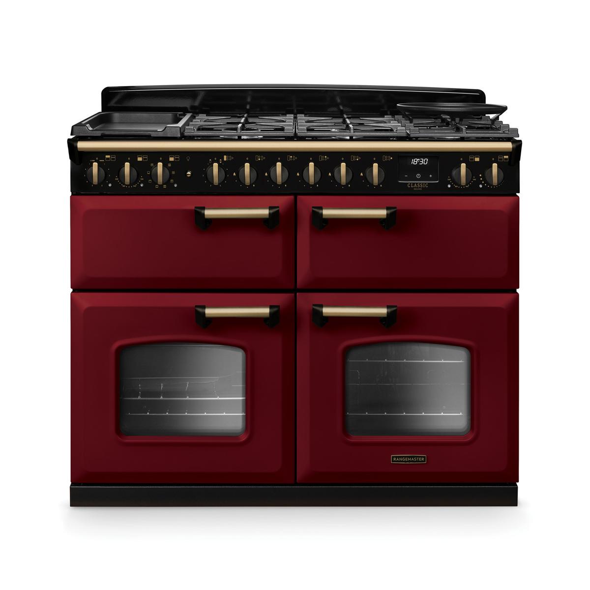 Rangemaster Classic Deluxe 110cm Base Cavity Dual Fuel Range Cooker - Bordeaux & Brass