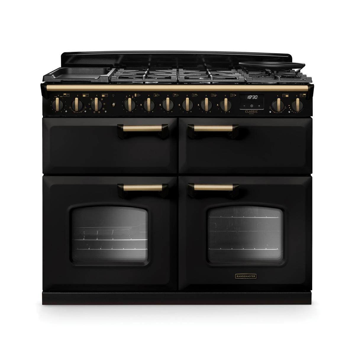 Rangemaster Classic Deluxe 110cm Base Cavity Dual Fuel Range Cooker - Charcoal Black & Brass