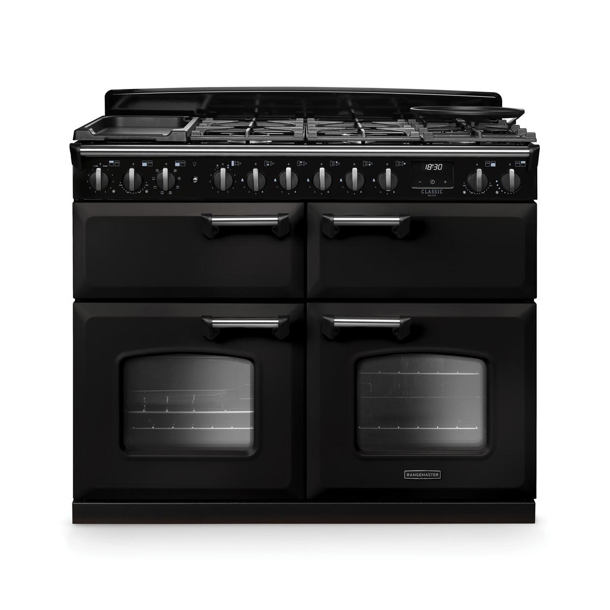 Rangemaster Classic Deluxe 110cm Base Cavity Dual Fuel Range Cooker - Charcoal Black & Chrome