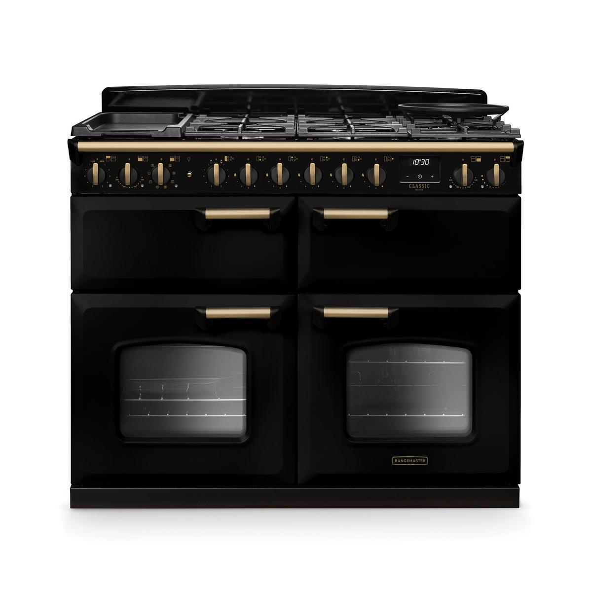 Rangemaster Classic Deluxe 110cm Base Cavity Dual Fuel Range Cooker - Gloss Black & Brass