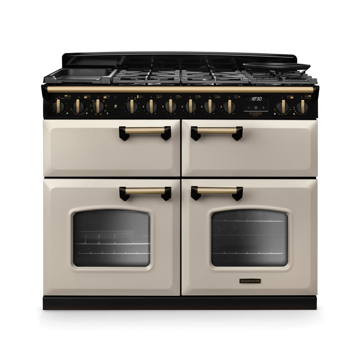 Rangemaster Classic Deluxe 110cm Base Cavity Dual Fuel Range Cooker - Pale Cream & Brass