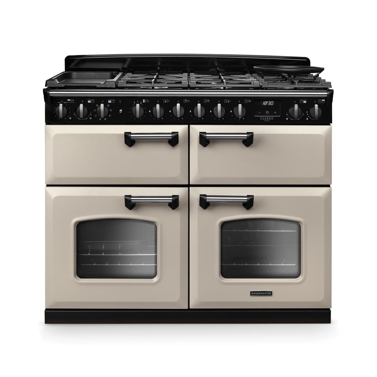 Rangemaster Classic Deluxe 110cm Base Cavity Dual Fuel Range Cooker - Pale Cream & Chrome