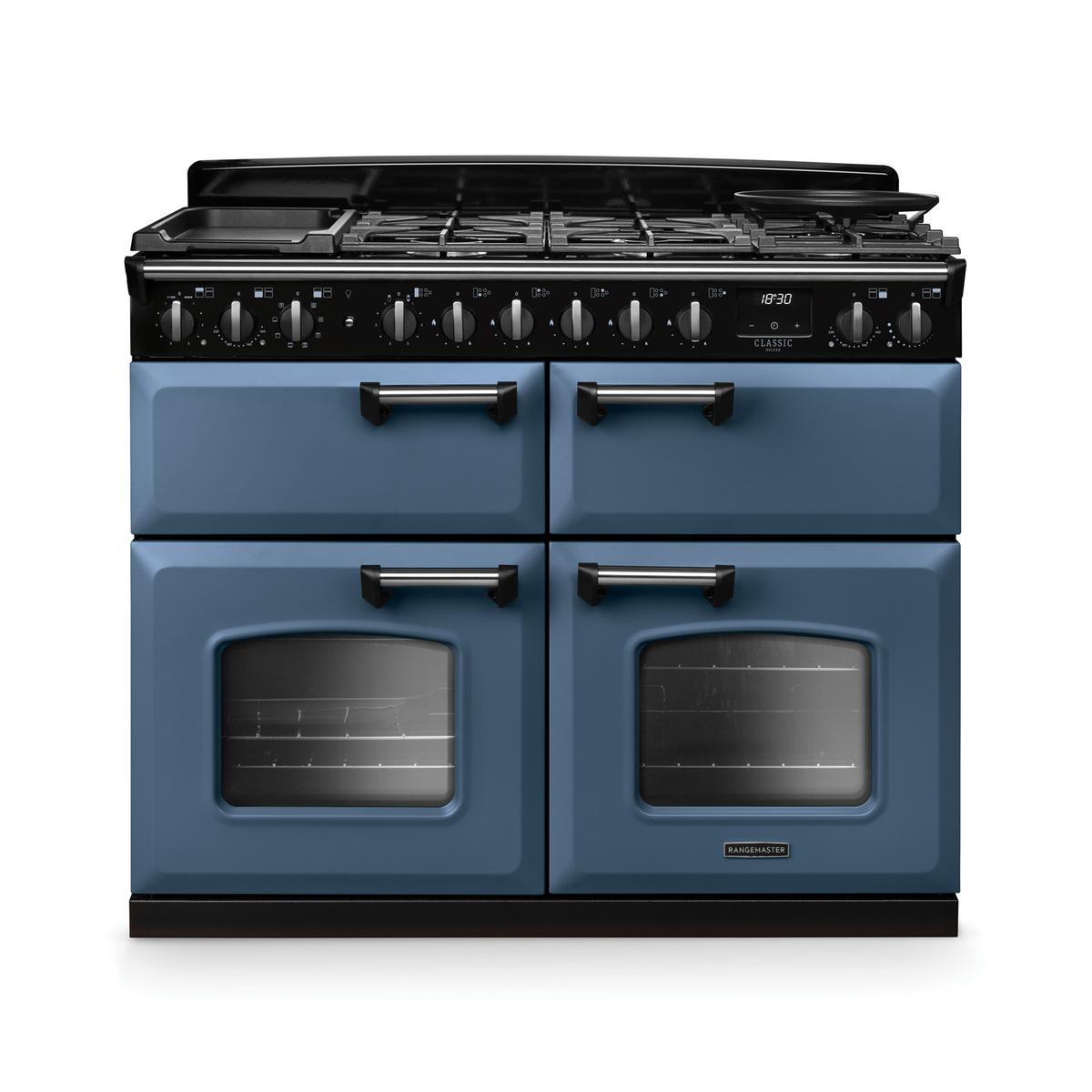 Rangemaster Classic Deluxe 110cm Base Cavity Dual Fuel Range Cooker - Stone Blue & Chrome