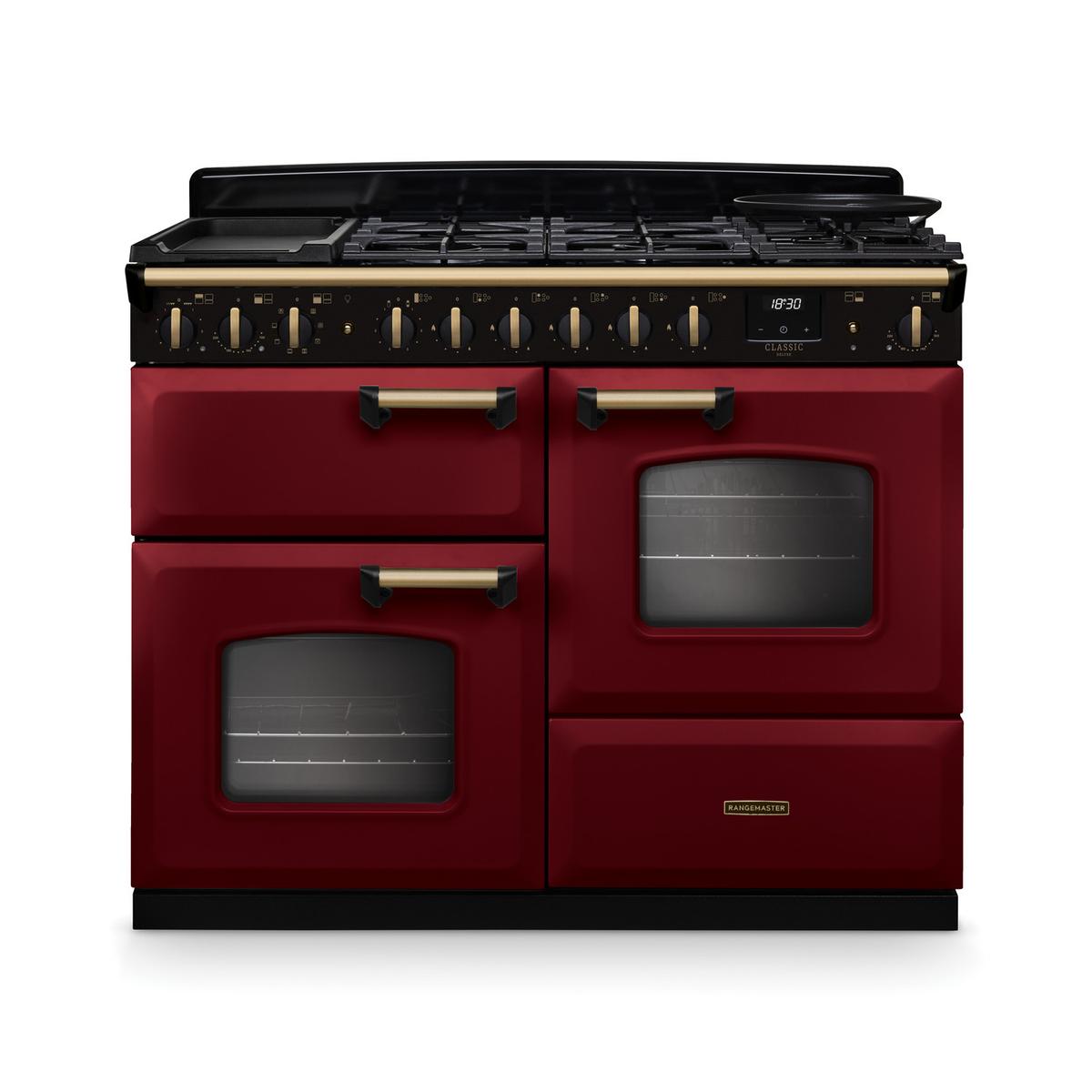 Rangemaster Classic Deluxe 110cm Dual Fuel Range Cooker - Bordeaux & Brass