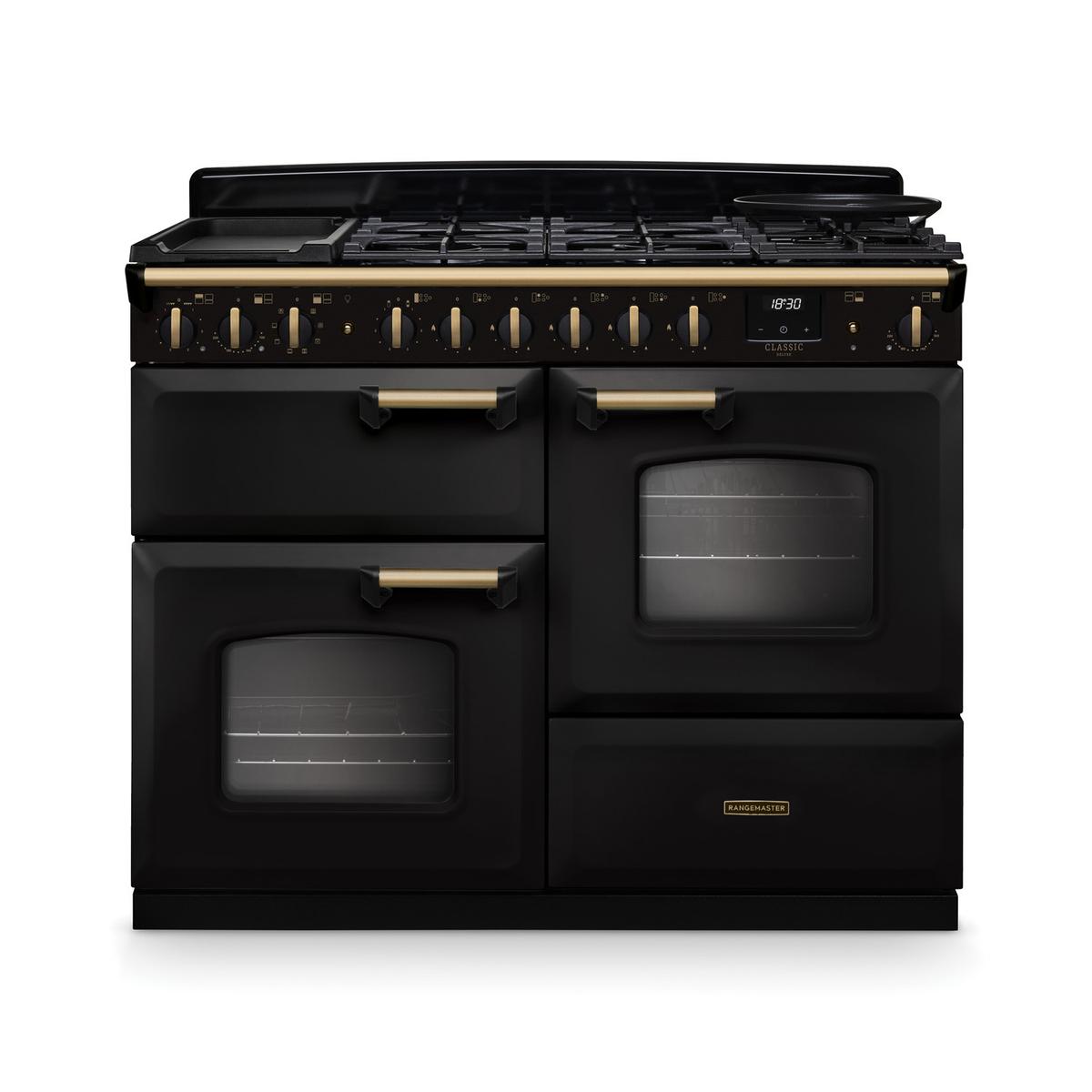Rangemaster Classic Deluxe 110cm Dual Fuel Range Cooker - Charcoal Black & Brass