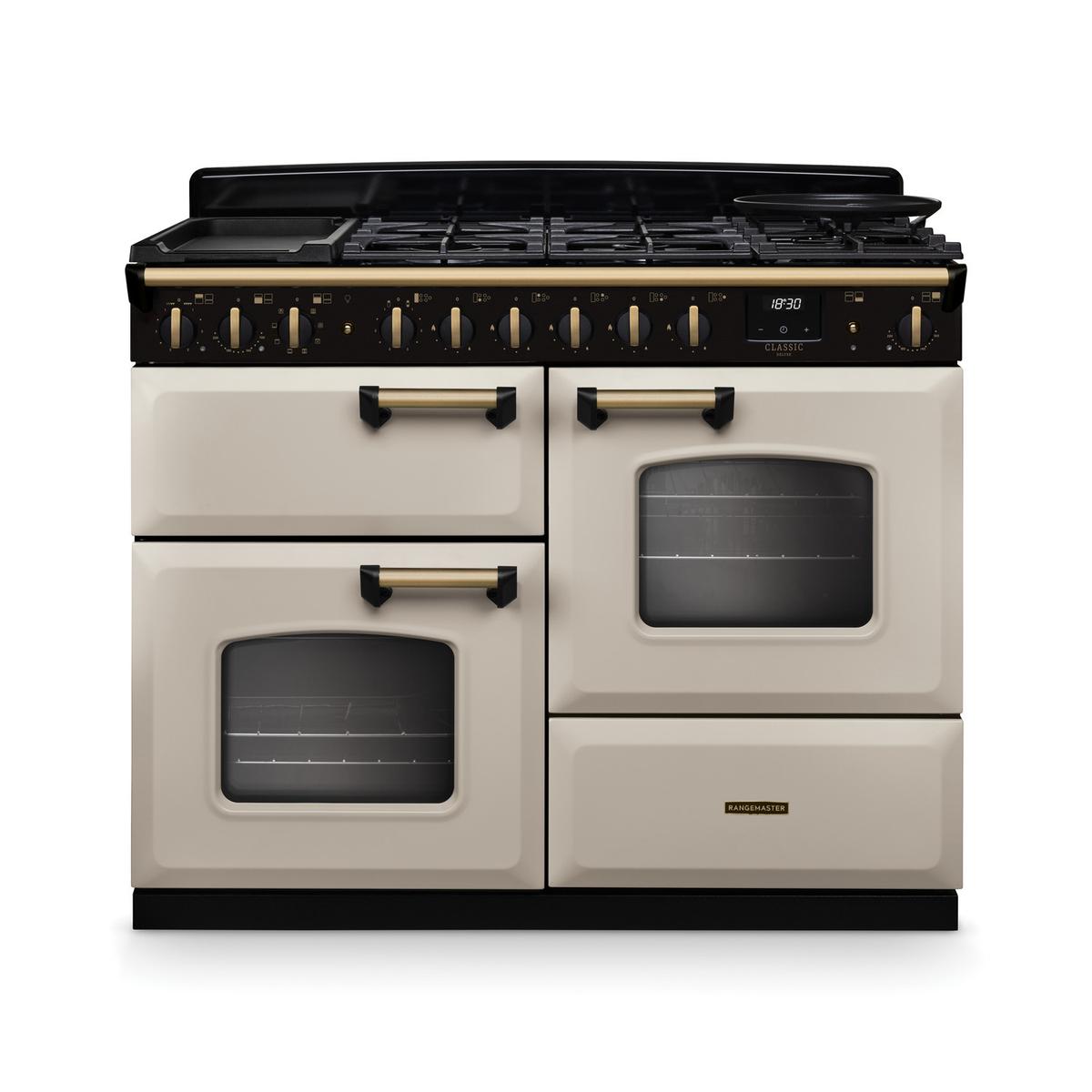 Rangemaster Classic Deluxe 110cm Dual Fuel Range Cooker - Pale Cream & Brass