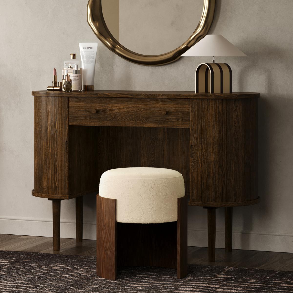 Cream Upholstered Curved Bedroom Stool With Walnut Base - Clover