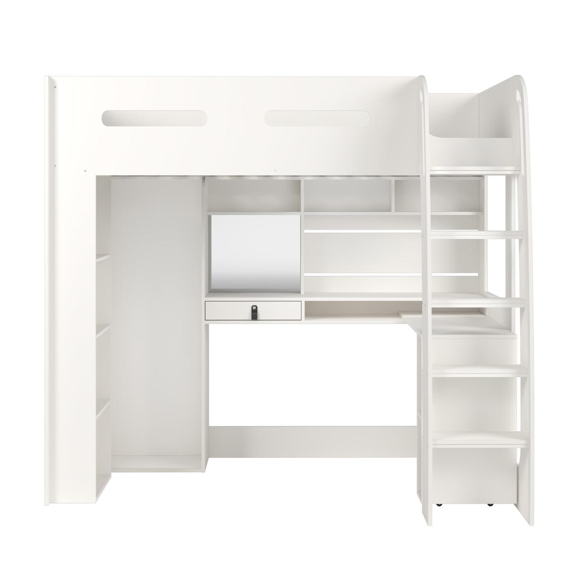 High Sleeper Loft Bed with Desk and Wardrobe in White - Carter