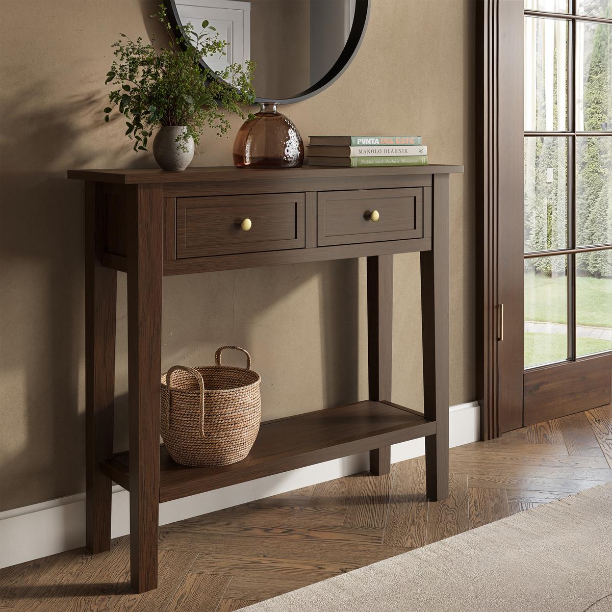 ONLY OPENED - Small Narrow Walnut Console Table with Drawers - Elms
