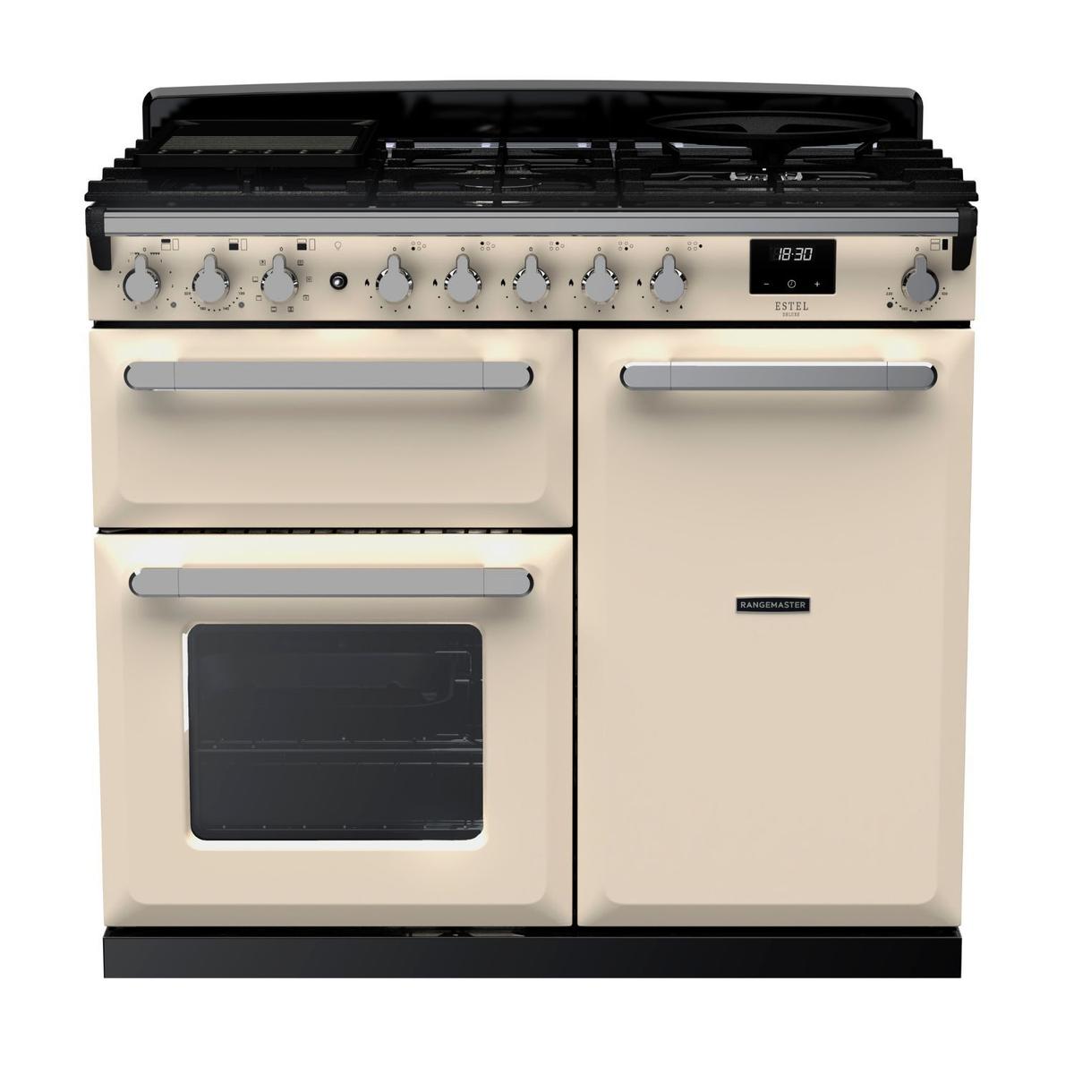 Rangemaster Estel Deluxe 100cm Dual Fuel Range Cooker - Pale Cream + Chrome
