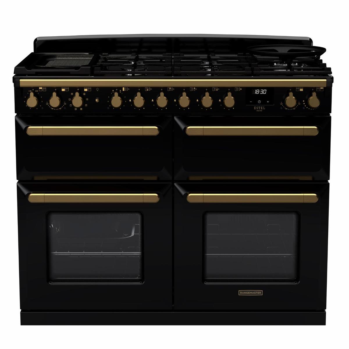 Rangemaster Estel Deluxe 110cm Dual Fuel Range Cooker - Gloss Black + Brass