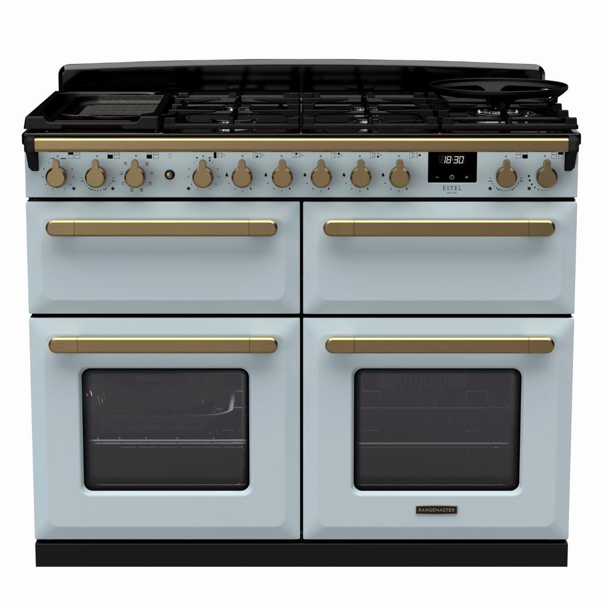 Rangemaster Estel Deluxe 110cm Dual Fuel Range Cooker - Misty Blue + Brass