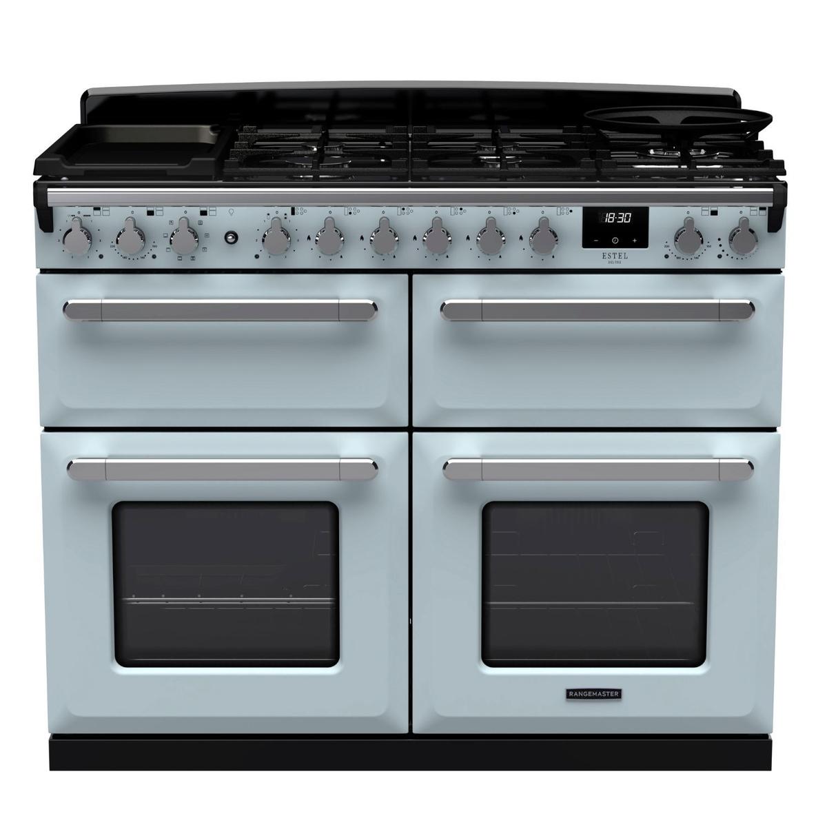 Rangemaster Estel Deluxe 110cm Dual Fuel Range Cooker - Misty Blue + Chrome