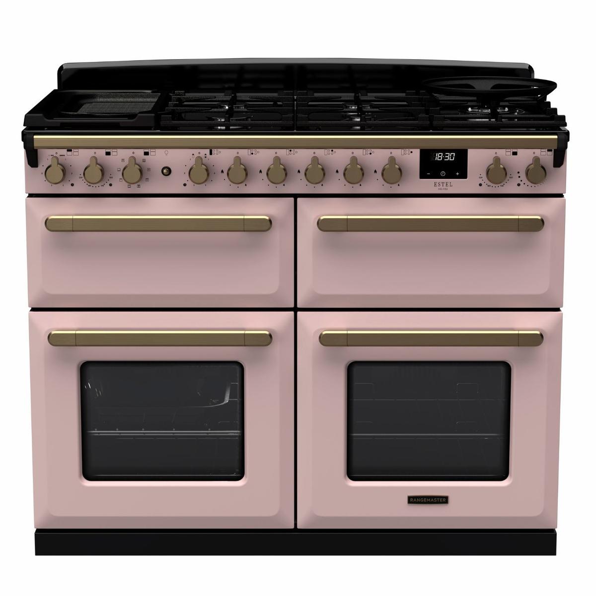 Rangemaster Estel Deluxe 110cm Dual Fuel Range Cooker - Pale Pink + Brass