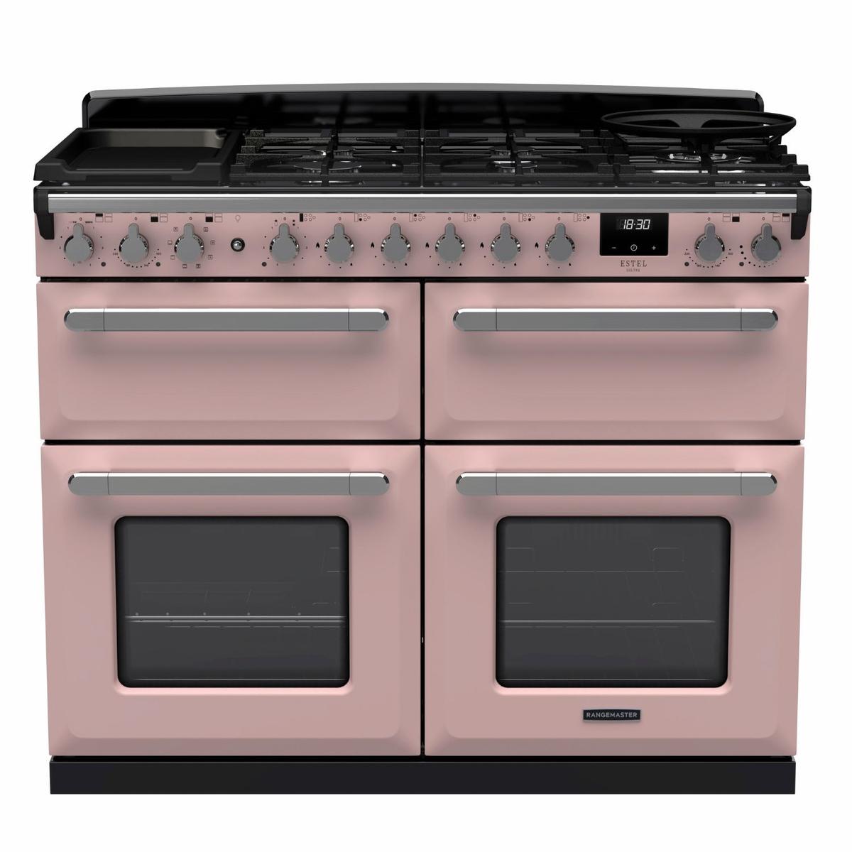 Rangemaster Estel Deluxe 110cm Dual Fuel Range Cooker - Pale Pink + Chrome