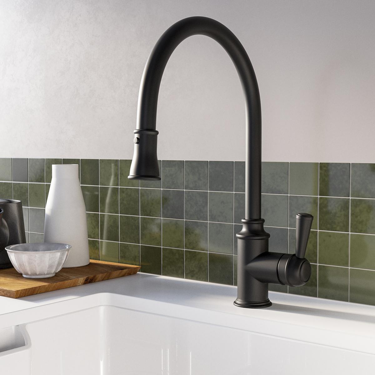Black Single Lever Pull Out Traditional Monobloc Kitchen Mixer Tap - Enza Evelyn