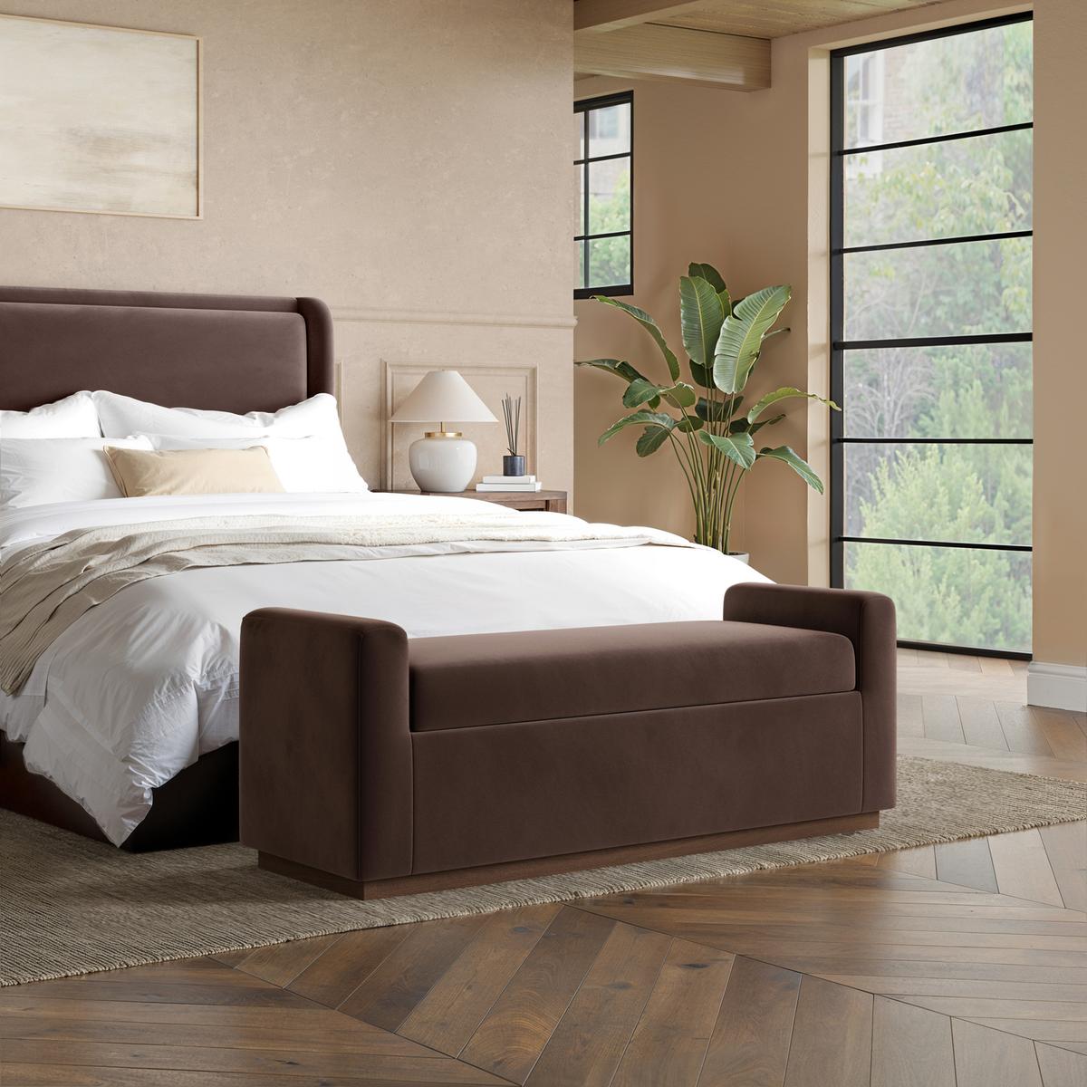 Chocolate Brown Velvet Ottoman Storage Blanket Box with Dark Wood Plinth - Fern
