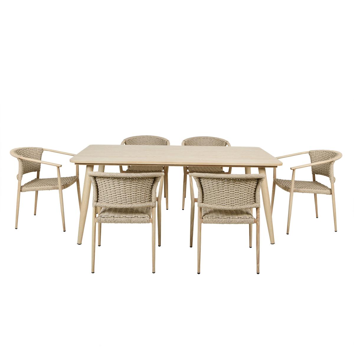6 Seater Wood Effect Garden Dining Set with Rattan Chairs