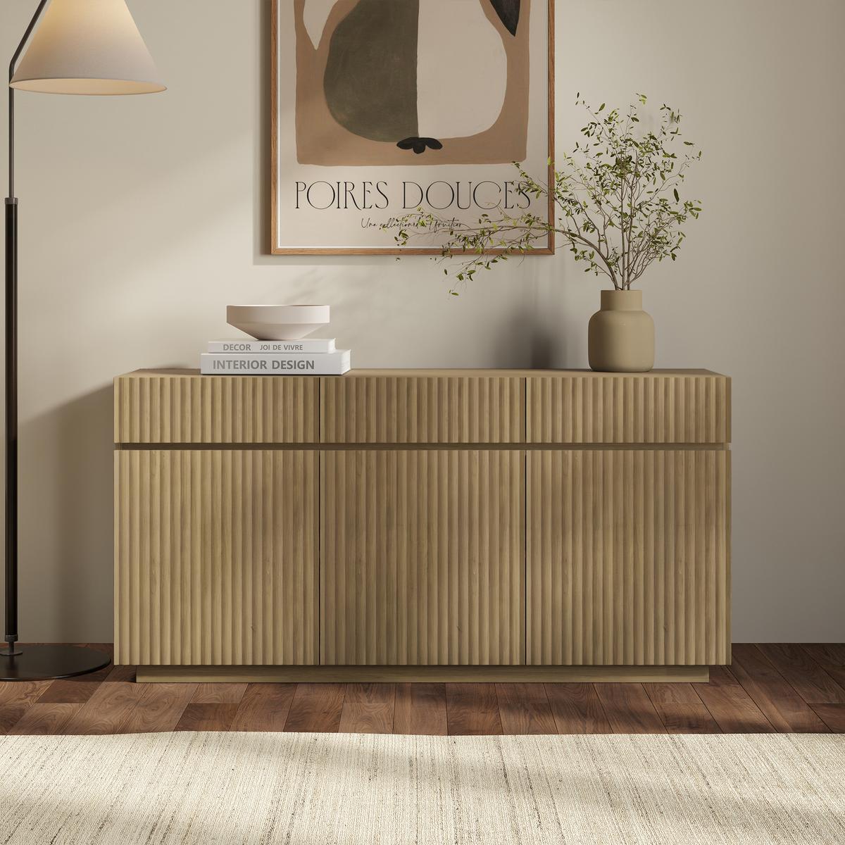 Large Oak Fluted Sideboard with Cupboards and Drawers - Hazel