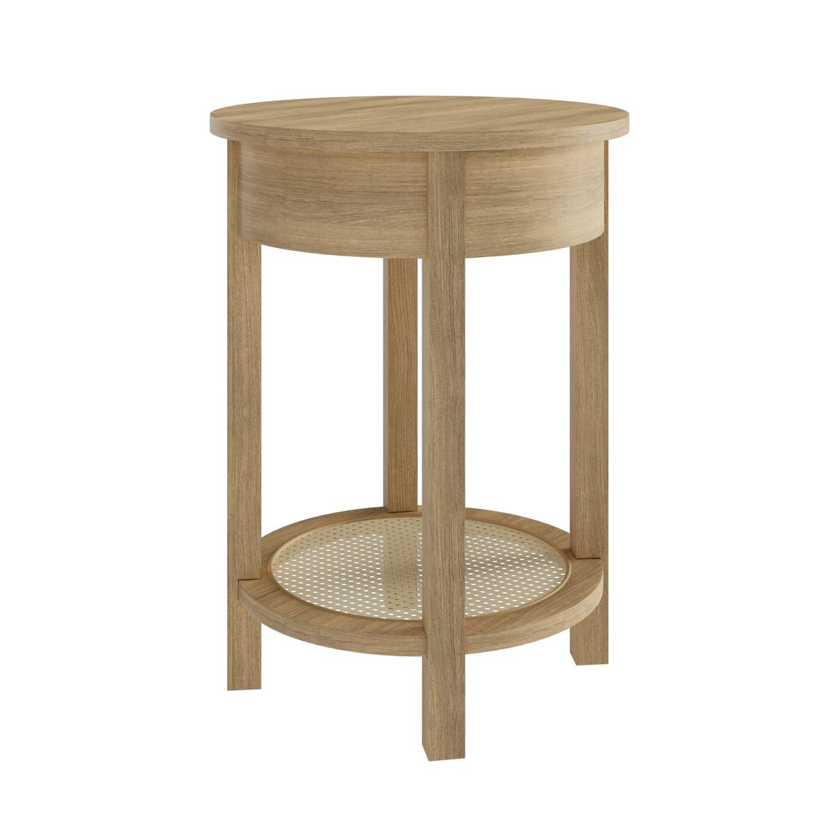 Light Oak Circular Bedside Table with Drawer and Shelf - Ida