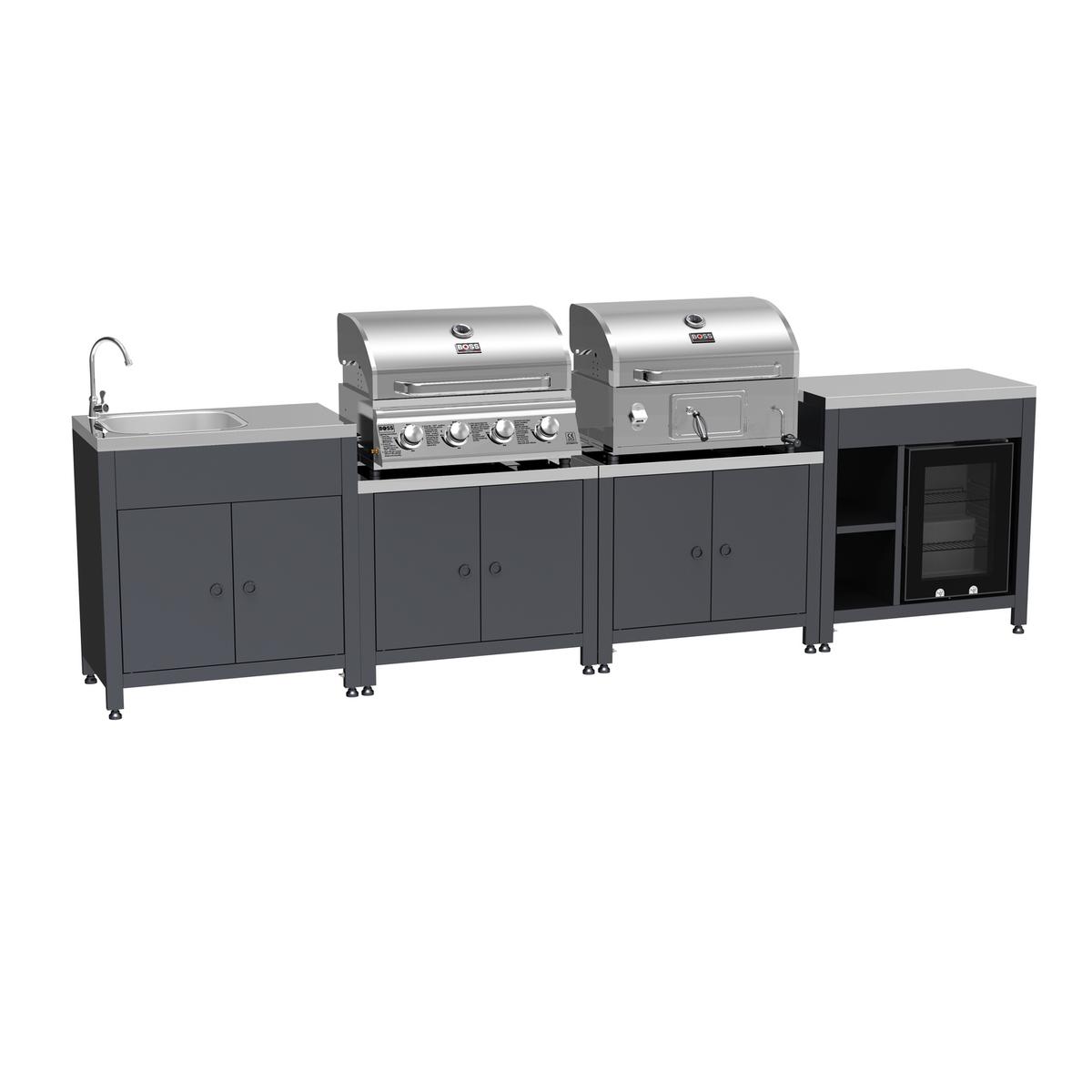Boss Grill All Star Pro Modular Dual Fuel Outdoor Kitchen - Built-In Gas & Charcoal BBQ with Fridge - Black