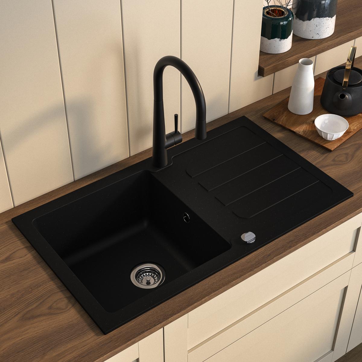 Single Bowl Black Inset Composite Kitchen Sink and Reversible Drainer with Black Pull Out Kitchen Tap Set - Enza