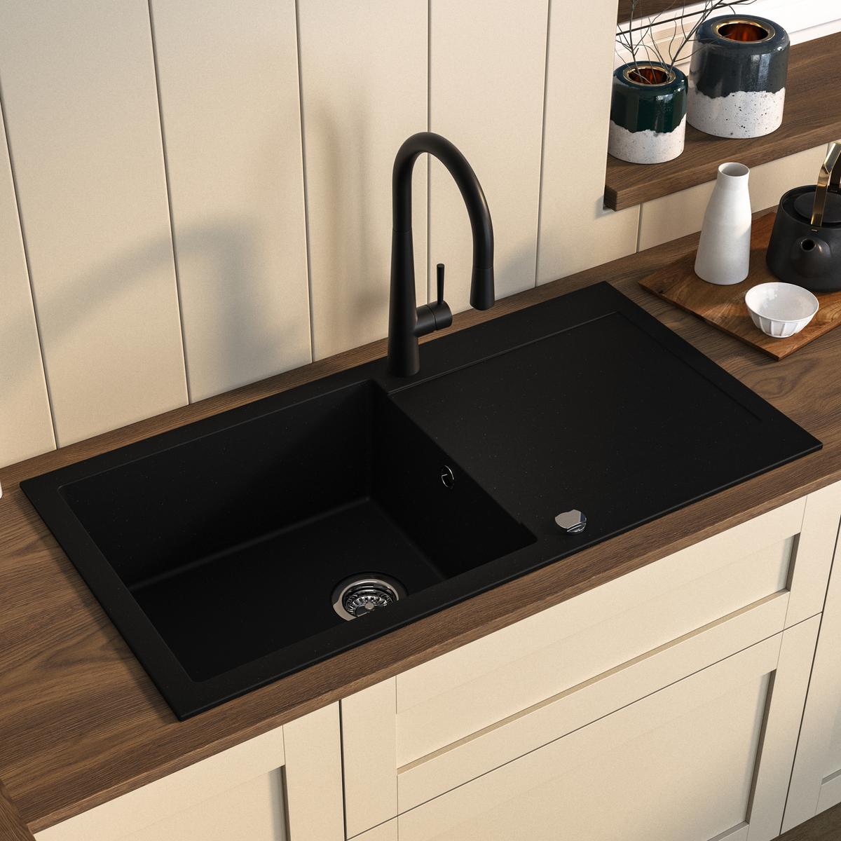 Single Bowl Black Inset Composite Kitchen Sink and Reversible Drainer With Black Pull Out Kitchen Tap Set - Enza