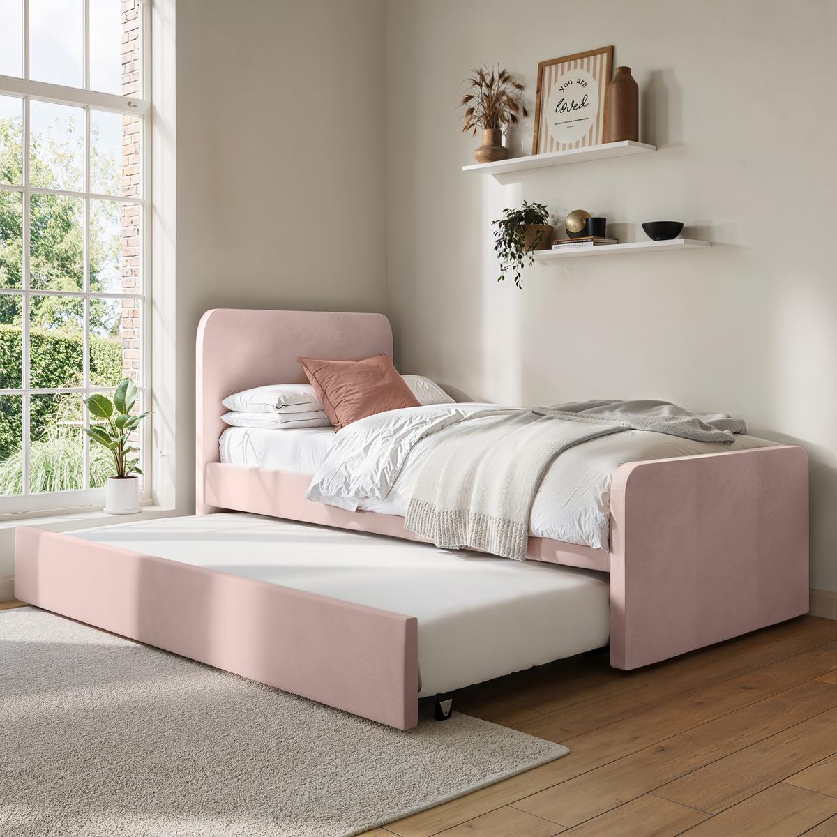 Pink Velvet Single Guest Bed with Trundle and 1 Mattress - Layla
