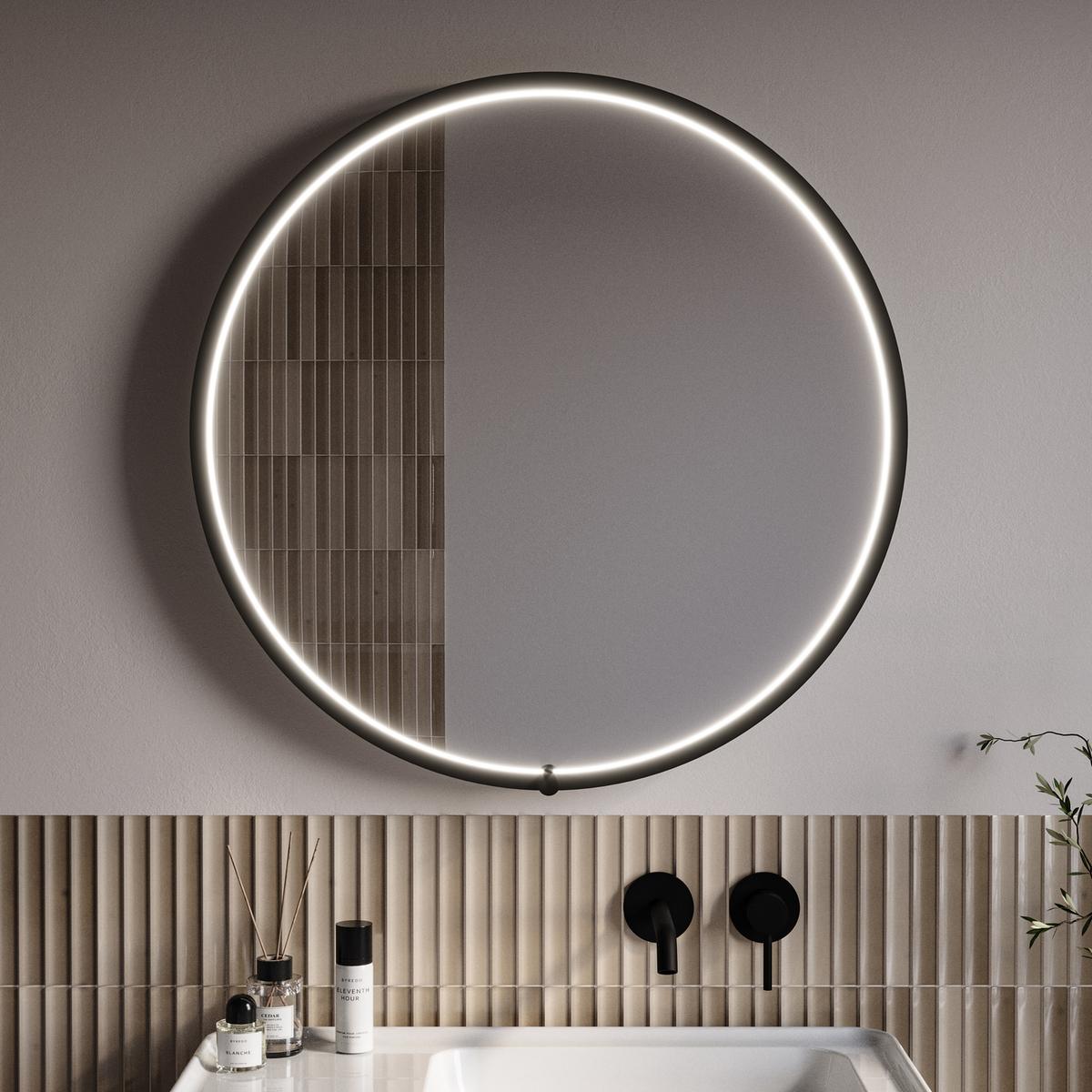 ONLY OPENED - Round Black Heated Bathroom Mirror with Lights 800mm - Nyx