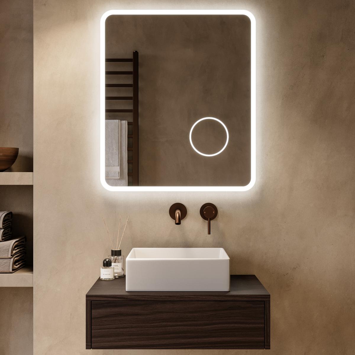 Rectangular Heated Bathroom Mirror with Lights & Magnifier 600 x 700mm – Odin