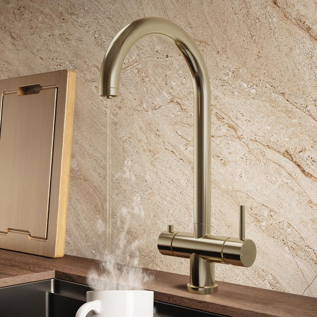 Brushed Brass 3 in 1 Instant Boiling Hot Kitchen Mixer Round Tap with 3L Boiler - Pronto Vesta