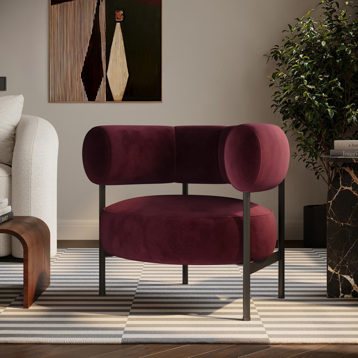 Burgundy Velvet Curved Armchair - Romy
