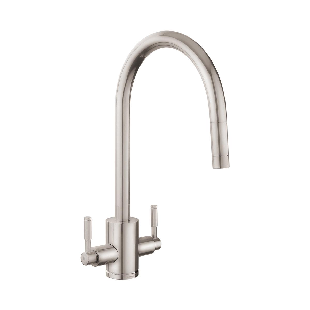 Rangemaster Aquatrend Dual Lever Pull Out Monobloc Kitchen Mixer Tap - Brushed Nickel